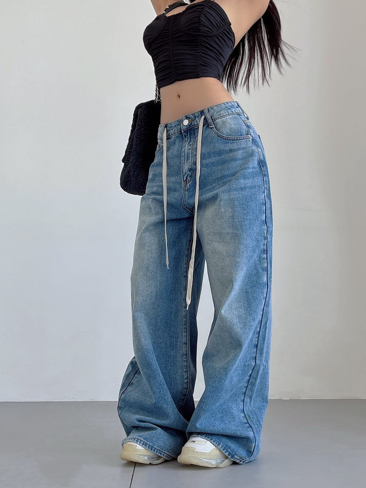 Aiertu Denim Blue Washed Low Rise Straight Leg Jeans Pants Aiertu