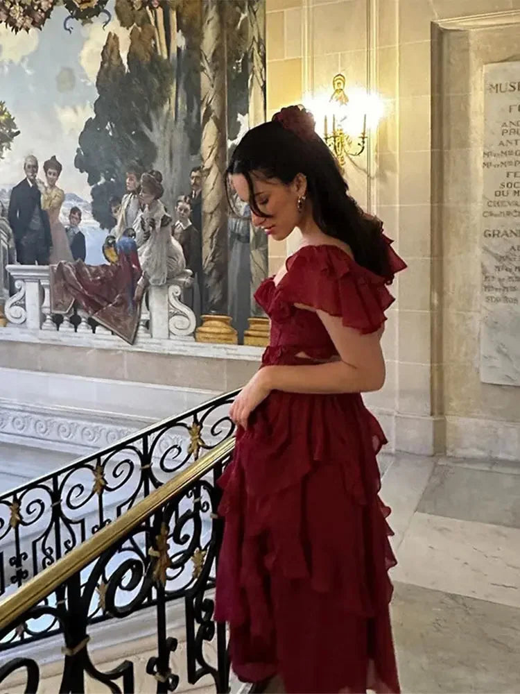 Aiertu  -  New Red Layered Ruffles High Waist Maxi Dress Women Elegant Square Neck Sleeveless Back Hollow Robes 2026 Chic Lady Party Gowns Aiertu
