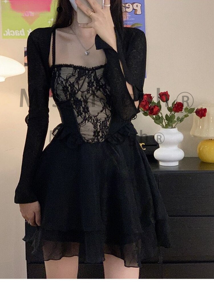 Aiertu Summer Black Chic Dress Women Lace Patchwork Sexy Party Mini Dresses Female Designer Korean Fashion Fluffy Elegant Dresses 2025 Aiertu
