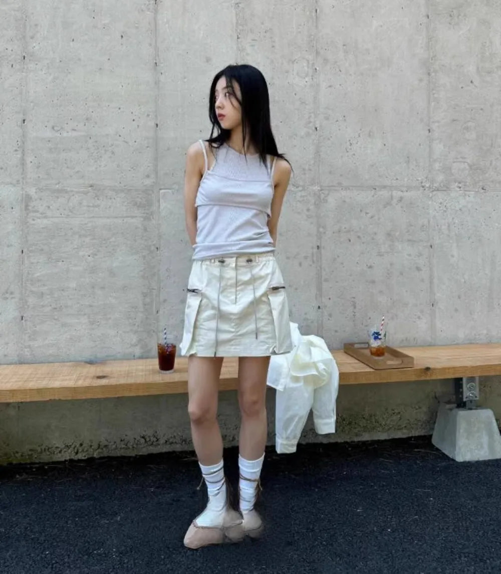 Aiertu  -  Spice Girls High Street Drawstring Elastic Waist All Match Mini Skirt korean Summer New Fashion Double Pocket Skirts for Women Aiertu