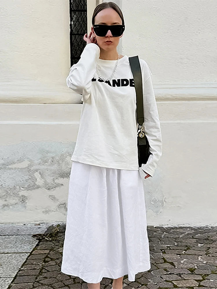 Aiertu  -  Solid Cotton Linen Elastic High Waist Maxi Skirt Elegant Ankle-length Pleated A-line Skirts Fashion Mid-calf Length Skirts Aiertu
