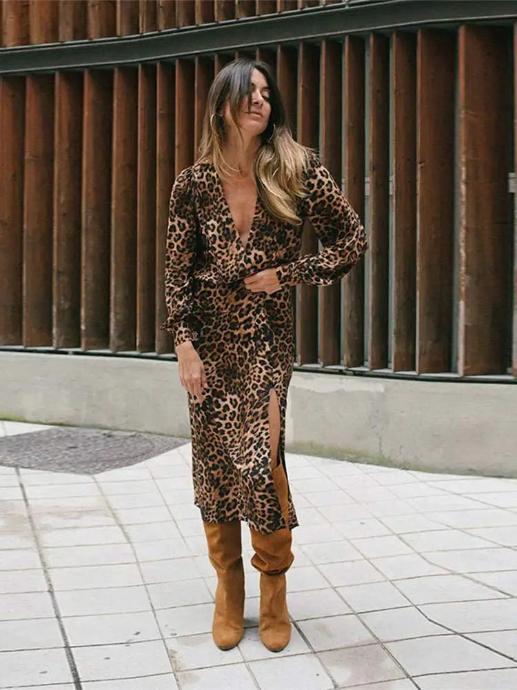 Aiertu  -  Fashion Leopard Print Long Sleeve Dress For Women V-neck Side Split Casual Loose Dresses 2026 New Lady High Street Vestidos Aiertu