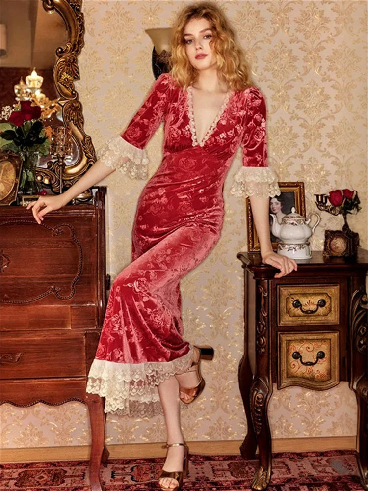 Aiertu  -  V-Neck Lace Printed Long Dress For Women Patchwork Elegant Short Sleeve High Waist Contrast Party Dress Female Maxi Dress Aiertu