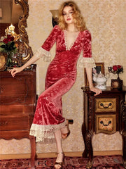 Aiertu  -  V-Neck Lace Printed Long Dress For Women Patchwork Elegant Short Sleeve High Waist Contrast Party Dress Female Maxi Dress Aiertu