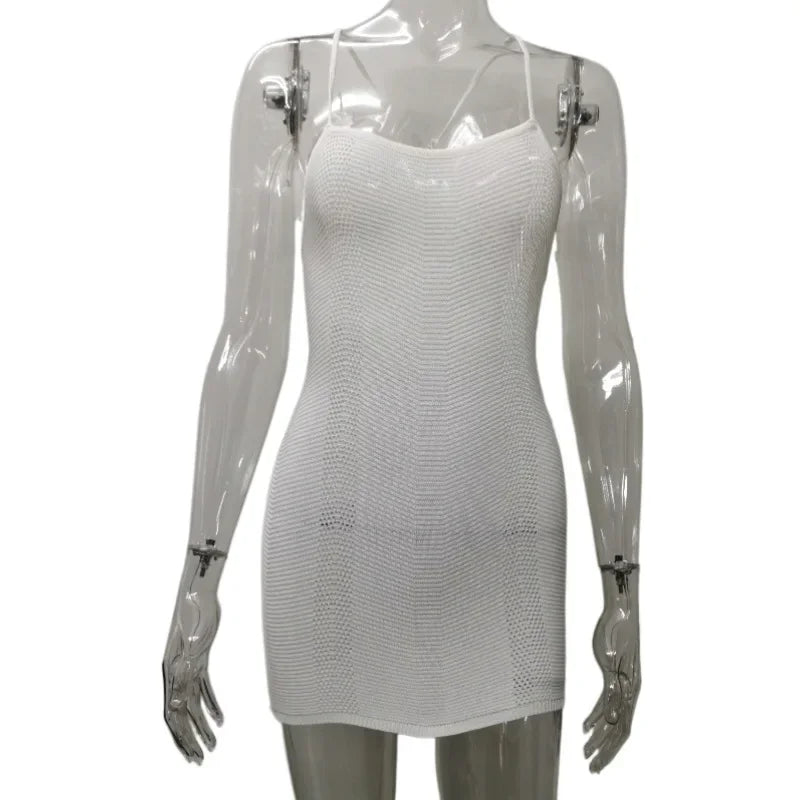 Aiertu  -  Hollow Out Knitted Camisole Mini Dress 2026 Summer Women Sexy Spaghetti Straps Lace Up Backless Bodycon Holiday Beach Outfits Aiertu