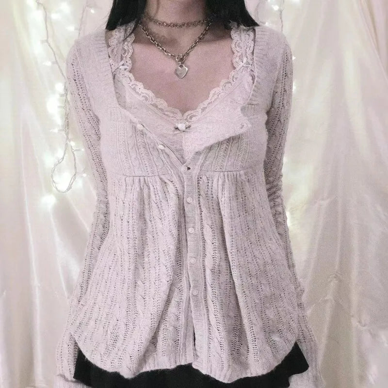 Aiertu  -  Women Y2k Knitted Sweater 2000s Vintage Single Breasted Long Sleeve Knitted Cardigan Tops  Loose Clothing Harajuku Streetwear Aiertu