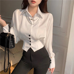 Aiertu Elegant Cropped White Shirts Women Korean Fashion Black Batwing Long Sleeve Blouses Office Ladies Basic Chic Tunic Tops Aiertu