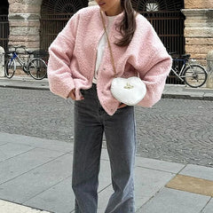 Aiertu  -  Casual Fashion Style Women's Pink Fleece Thick Warm Jackets Simple Elegant Stand Collar Long Sleeve Pockets Loose Fit Coats Aiertu