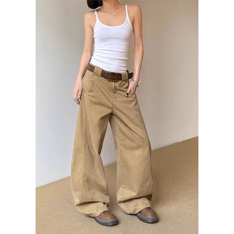 Aiertu  American Vintage 2000s Style High Waist Camel Jeans Pants Summer Fashion Women's Baggy Y2K Wide Leg Denim Trouser Female Clothes Aiertu