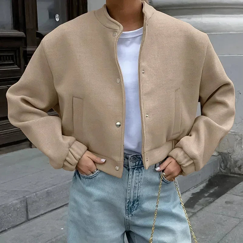 Aiertu  -  Casual Short Bomber Coats Women Loose O-neck Long Sleeve Single Breasted Jacket 2026 Autumn New Lady Vintage Solid Tops Outwear Aiertu