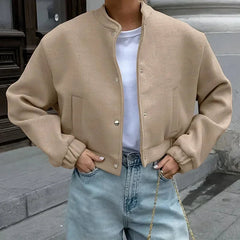 Aiertu  -  Casual Short Bomber Coats Women Loose O-neck Long Sleeve Single Breasted Jacket 2026 Autumn New Lady Vintage Solid Tops Outwear Aiertu