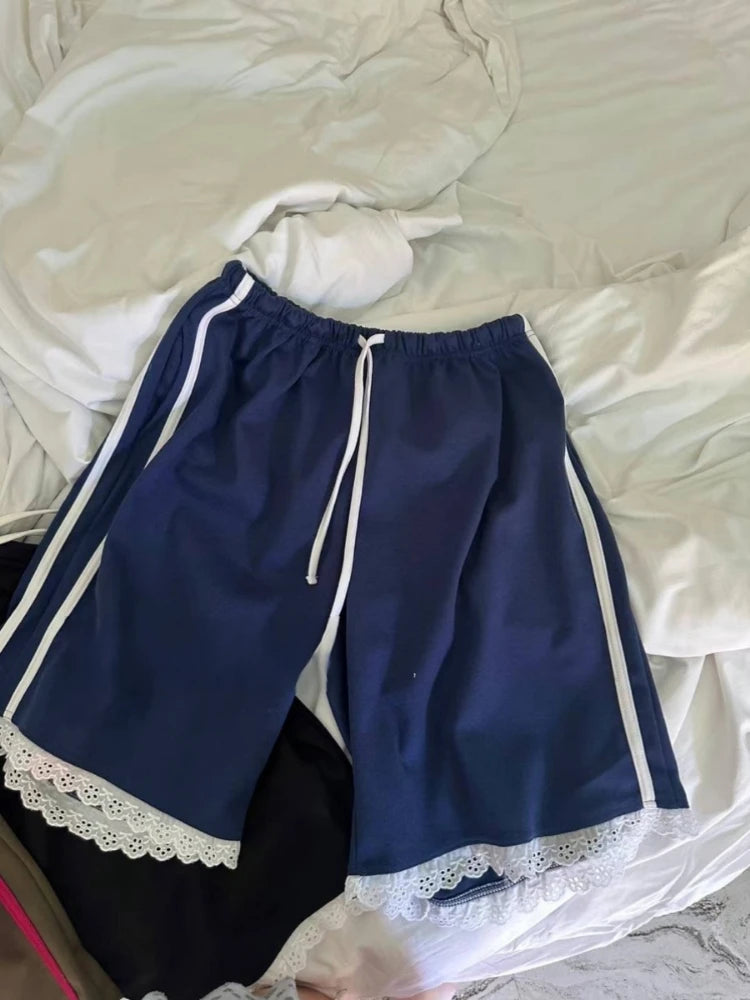 Aiertu  -  Y2k Aesthetic Summer Casual Lace Patchwork Shorts Women Vintage Fifth Points Trousers Fairy High Waist Drawstring Wide Leg Pants Aiertu