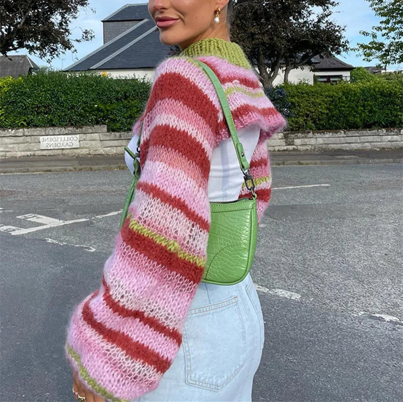 Aiertu     -  Fall Outfits 2026 Color Striped Cropped Sweater Women Spring Autumn O Neck Long Sleeve Jumper Tops 2026 New Streetwear Fashion Knitted Cover-ups Aiertu