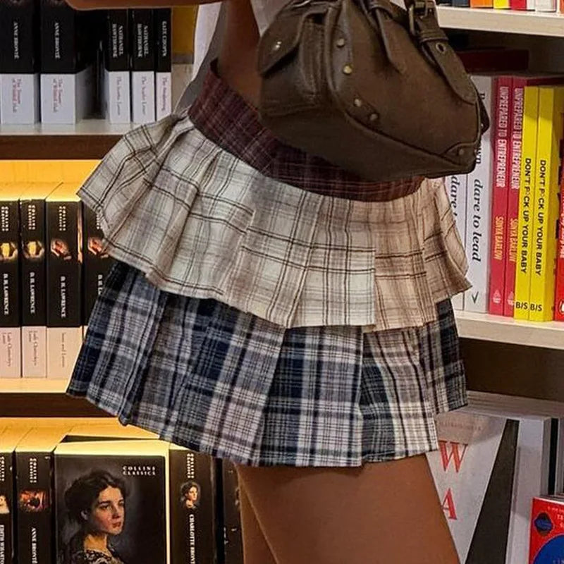 Aiertu  -  Street Y2K Plaid Print Pleated Skirt Women's Stitching Contrast Color Mini Skirt Fashion Hot Girl Low-Waist A-Line Skirt Aiertu