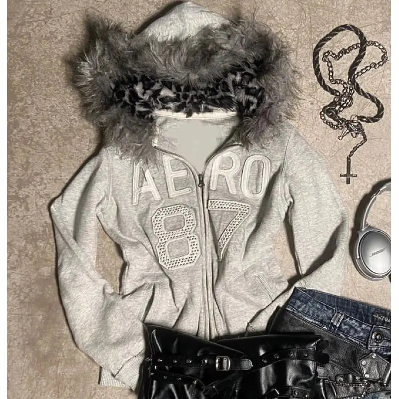 Aiertu  -  Fresh Style Gray Fur Collar Design Slim Warm Cardigan Harajuku Winter New Thickening Women's Sweatshirts Y2k Casual Hoodies Aiertu