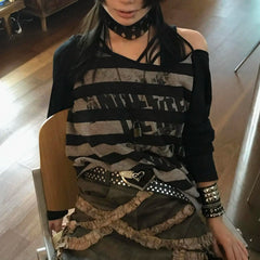 Aiertu  -   Women New Autumn Punk Hip Hop Stripe Graffiti Printed Thin Style Long Sleeves Y2k Fashionable Loose Sunscreen Casual Tops Aiertu