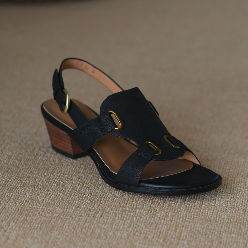 Aiertu  Summer Buckle Sandals  Open Toe Real Cow Leather Women Shoes On Heel 4CM Roman Style Ladies Shoes Chunky Heel Retro Sandals Aiertu