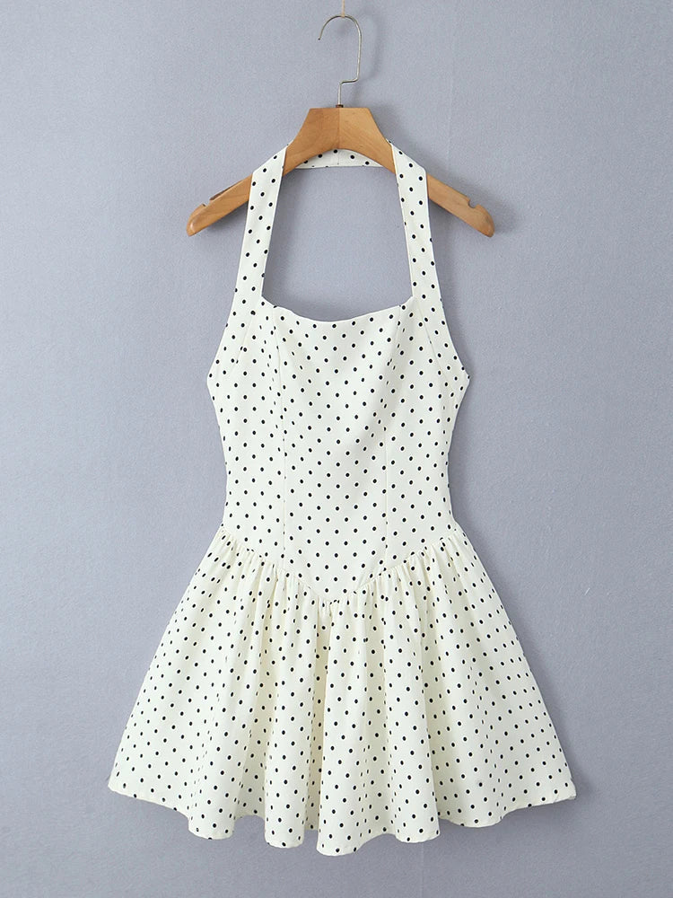 Aiertu  -  Backless Halter Polka Dot Dress For Women Plunge Bodycon Party Dress Sleeveless Elegant Chic MIni Pleated Dress A-line Aiertu