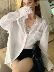 Aiertu  -  Fashion New Solid White Shirts With Lace Bottoming Tees Summer Women Gentle New 2026 Office Lady Daily Loose Mujer Slim Aiertu