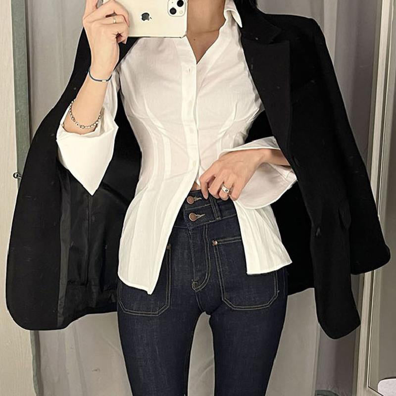 Aiertu Y2K Women Slim Blouses Office Lady Fashion Long Sleeve Folds Chic Shirt Vintage Streetwear Korean Sexy Skinny Casual Tops Aiertu