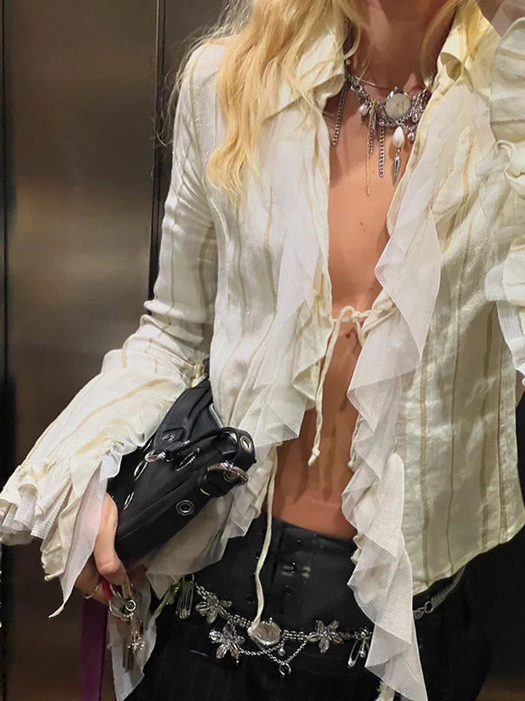 Aiertu  -  Sexy Hollow Lace Up Lapel Cardigan Top Female Ruffled Splice Slim Hot Girl T Shirt Fashion Long Sleeve Solid Autumn New Aiertu