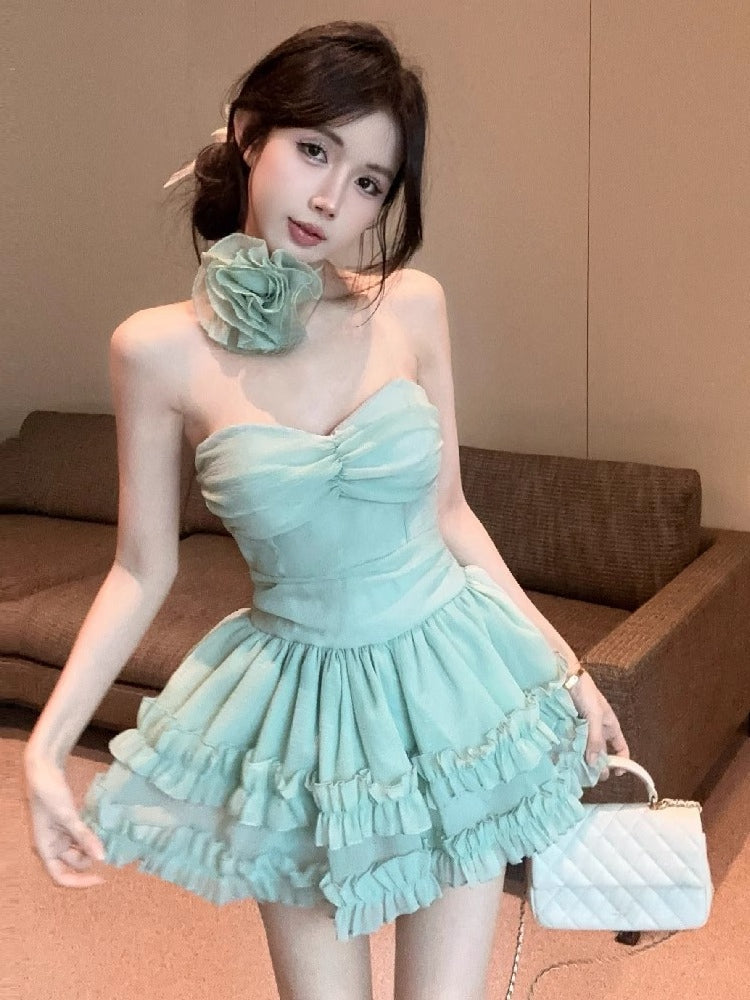 Aiertu  All Match Sweet Strapless Dresses for Women Slim Waist A-line Pleated Fashion Korean Dress 2025 Summer Party Cake Mini Vestidos aliexpress