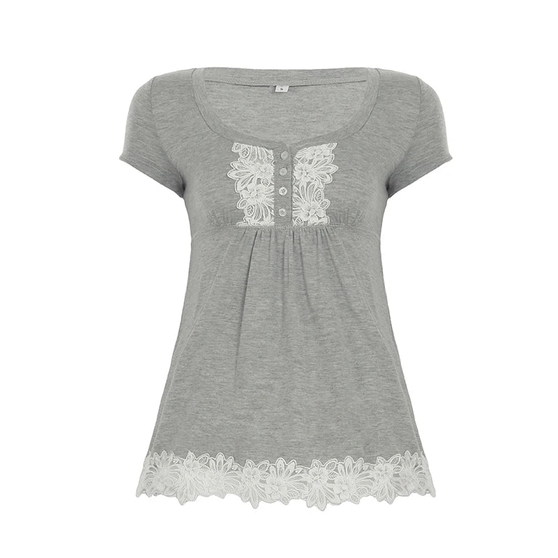 Aiertu  Cute Lace Trim Slim Simple T-Shirts Summer Sweet Basic All-Match Fashion Trendy Japanese Women’s Clothes Aiertu