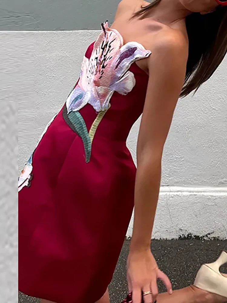 Aiertu  -  Women Elegant Strapless Flower Collage Dress Sexy Sleeveless Waist Slim Short A-Line Dress Fashion Temperament Mini Party Dress Aiertu