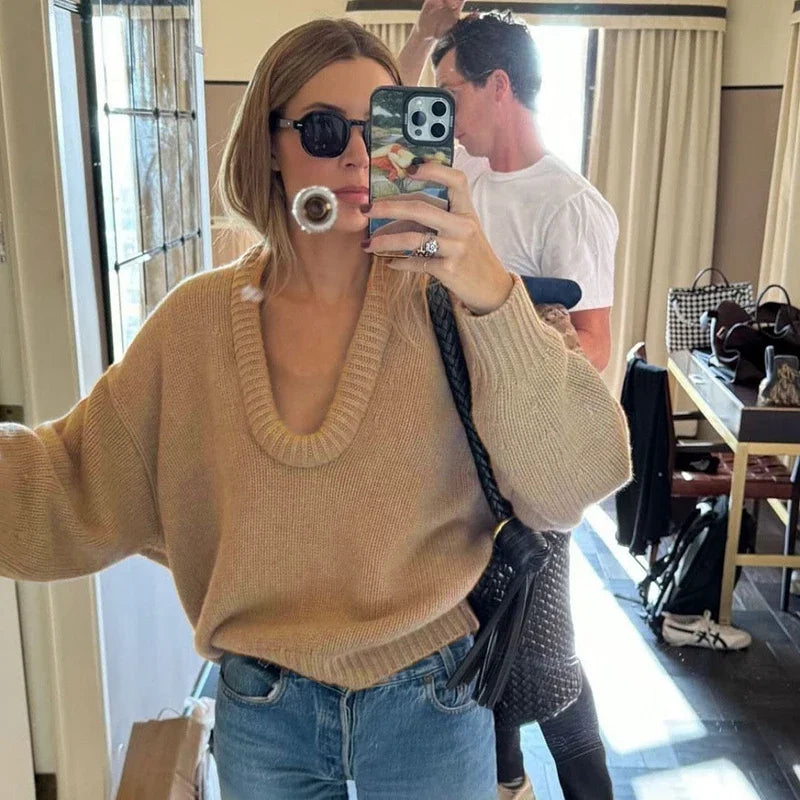 Aiertu  -  Fashion Casual Round Knit Sweater For Women Solid Color Loose Autumn 2026 New Pullovers Long Sleeve Female Knitted Top Aiertu