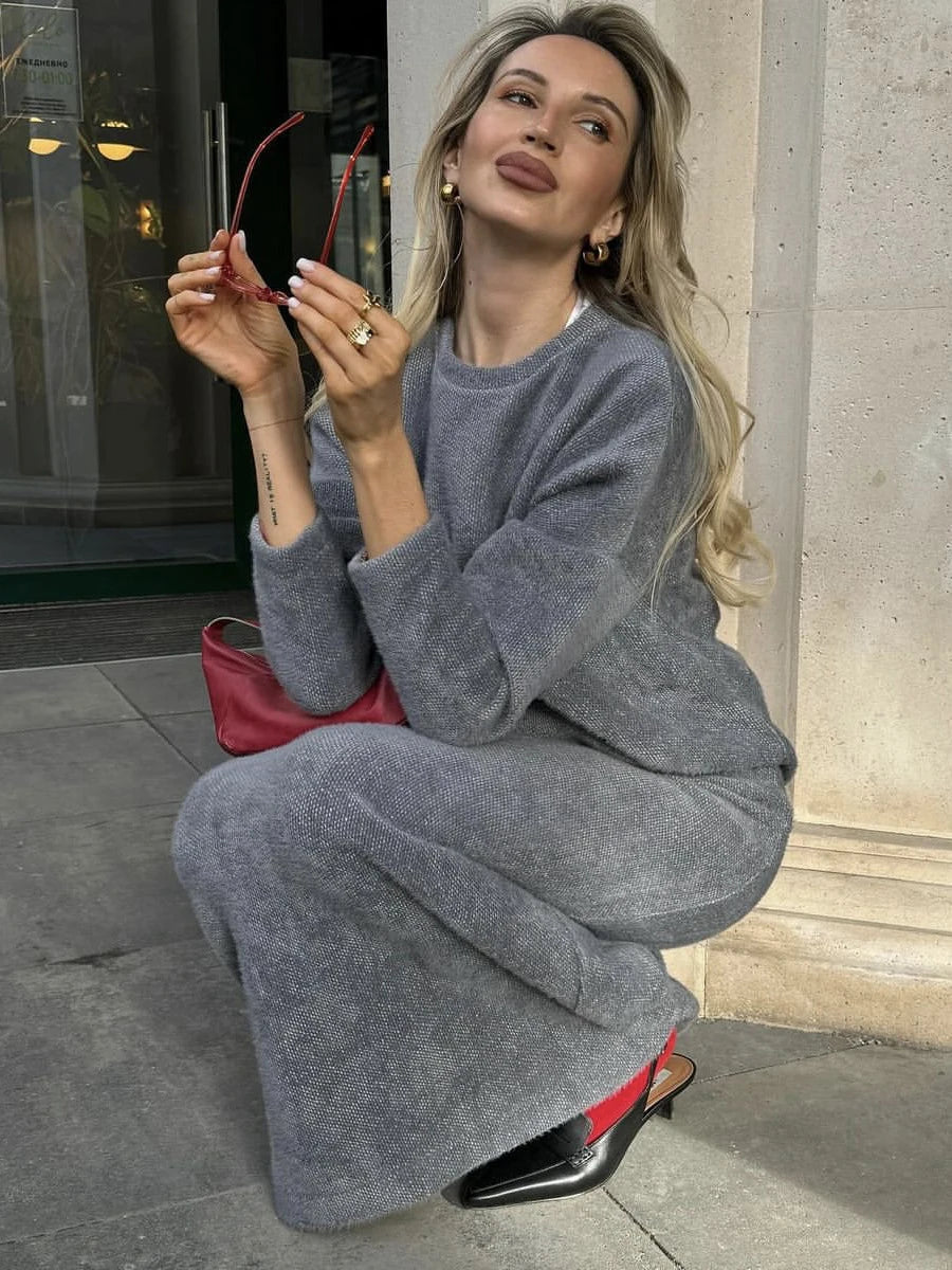 Aiertu  -   Autumn Winter Solid Knitted 2 Piece Set Women O Neck Long Sleeve Sweater+Long Skirts Sets Elegant Fashion Casual Suits 2026 New Aiertu
