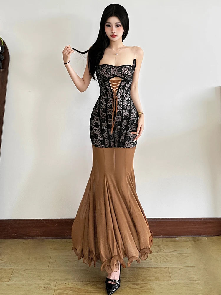 Aiertu  -  Backless Sleeveless Mesh Patchwork Jacquard Maxi Dress Women Hollow Cross Bandage Fishtail Low-Neck Vacation Vestidos Aiertu