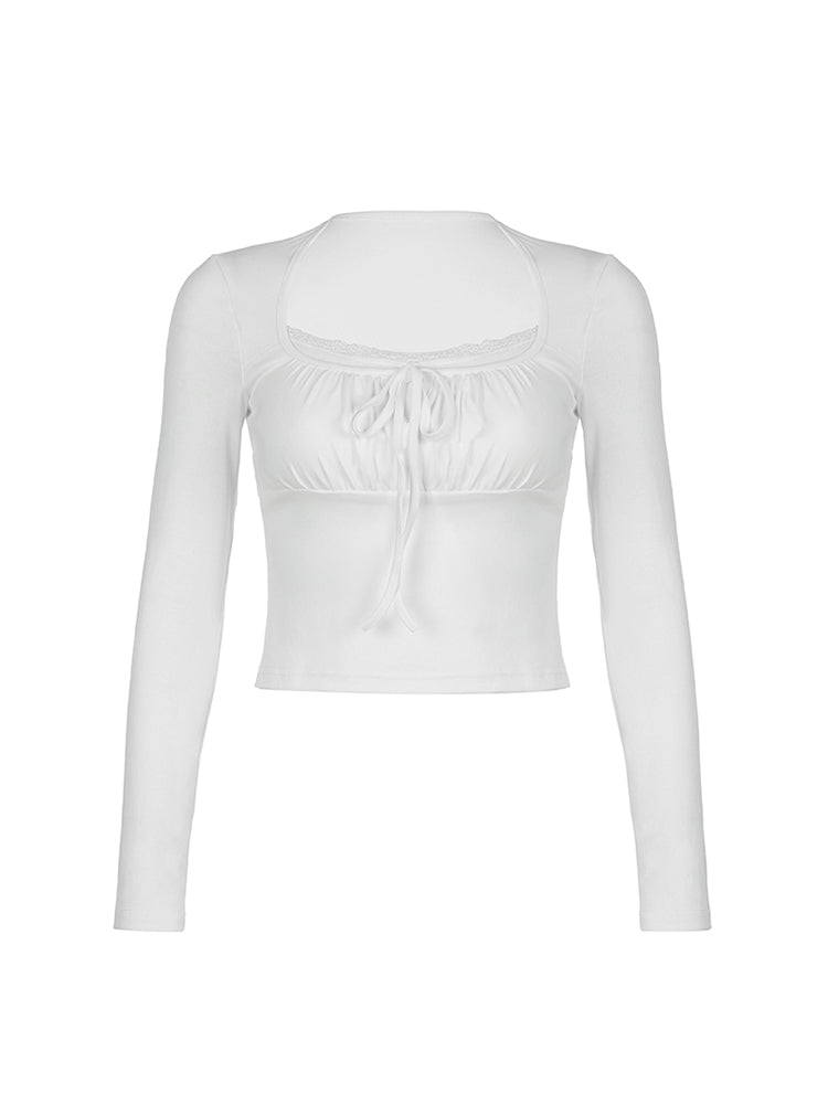 Aiertu - summer inspo Ruched Tie Lace Trim Square Collar Slim Long Sleeve White Y2K T Shirt Women Cute Japanese Kawaii Clothing Aiertu