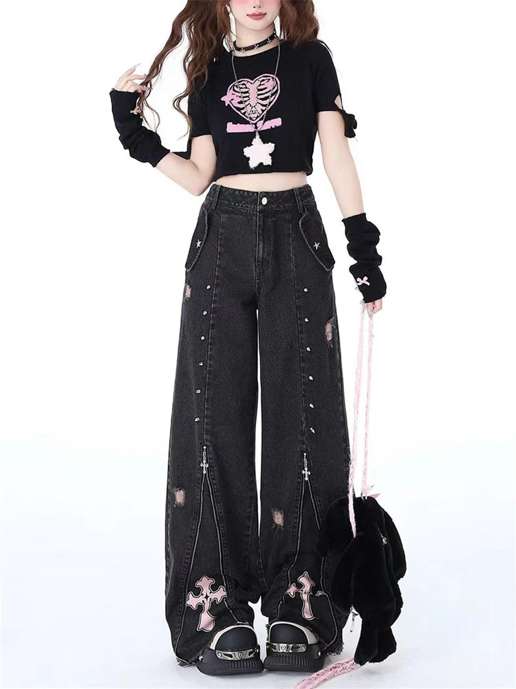Aiertu  -  Women's Zipper Splicing Design Black Gray Jeans Cool Girl High Waisted Fashion Loose Pants Female Straight Retro Denim Trousers Aiertu