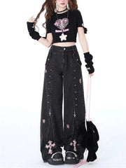 Aiertu  -  Women's Zipper Splicing Design Black Gray Jeans Cool Girl High Waisted Fashion Loose Pants Female Straight Retro Denim Trousers Aiertu