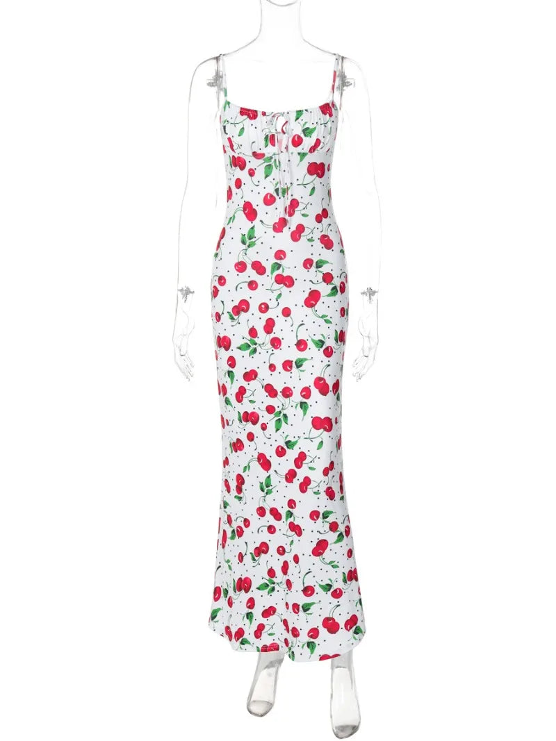 Aiertu  -  Woman Clothing Cherry Pattern Printed White Slip Dress 2026 Girls Sleeveless Lace-up High Waist Slim Long Holiday Party Dresses Aiertu