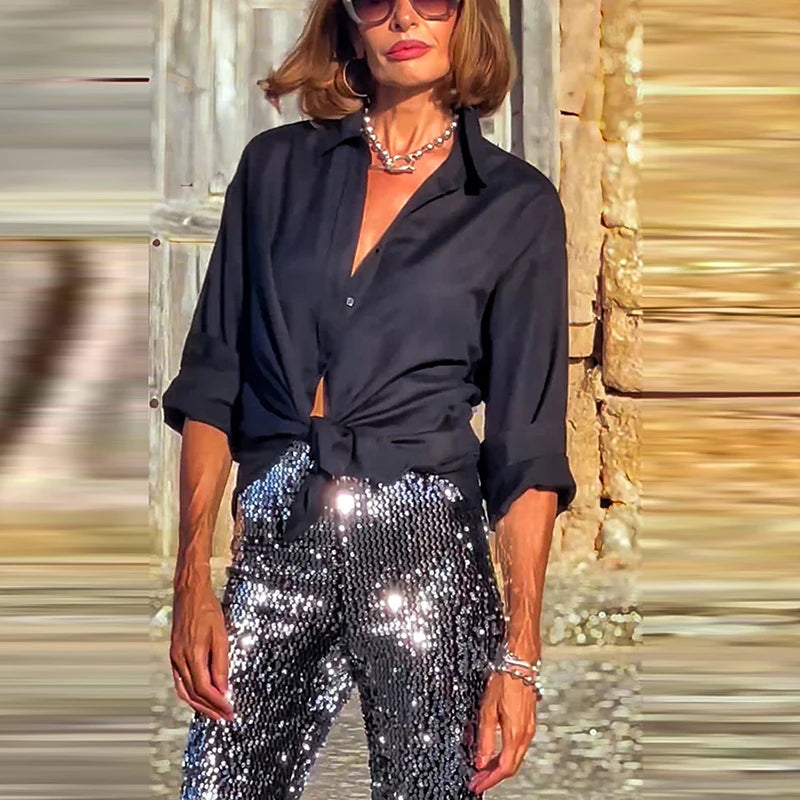 Aiertu  -  Casual High Street Party Trousers Fashion Shiny Sequins Slim Fit Straight Long Pants Women Elegant Elastic Waist Wide Leg Pants Aiertu