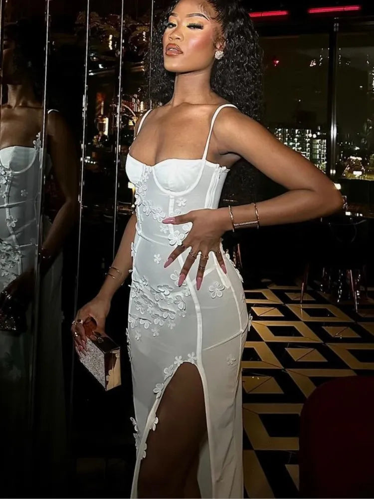 Aiertu  -  3D Flower High Slit Slip Dress Party Evening Robes Fishbone Waist Cinching Slimming Halter Fashion Classic Women'S Long Dresses Aiertu