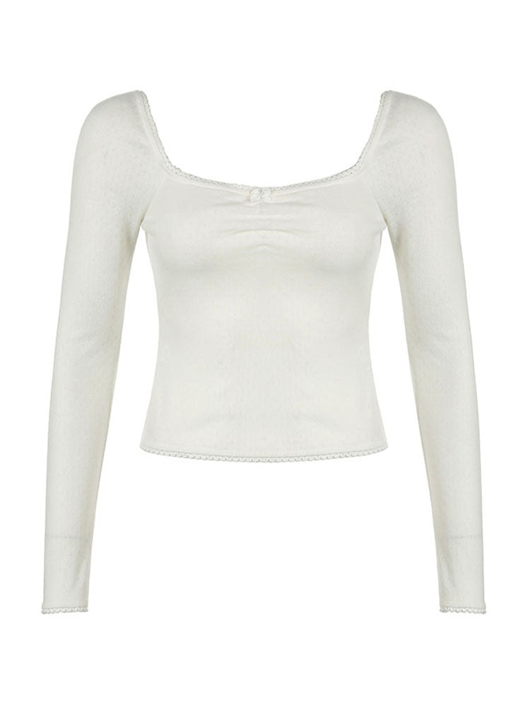 Aiertu - summer inspo Korean Fashion Shirring Bow Square Collar Slim Long Sleeve Black T Shirt Women White Solid Basic Cute Japanese Top Tee Aiertu