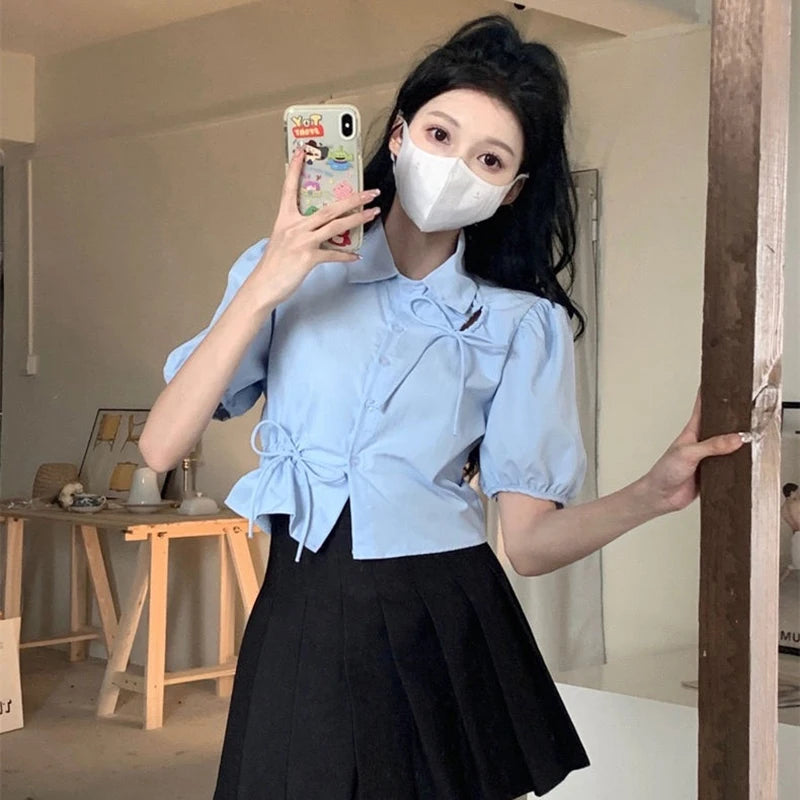 Aiertu Sweet Bow Shirts Women Streetwear Hollow Out Folds Crop Tops Summer Korean Kawaii Fashion Puff Short Sleeve Tunic Tops New Aiertu