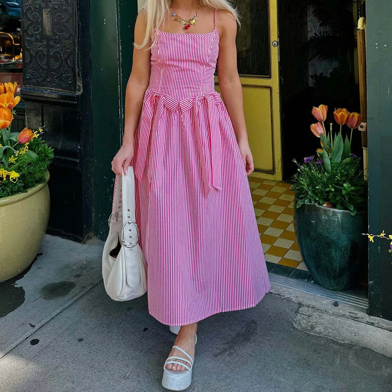 Aiertu  -  Fashion Bow Patchwork Loose Dress Sexy Hollow Sleeveless Beach Strap Dress New Summer Off Shoulder Stripe Print Long Dress Aiertu