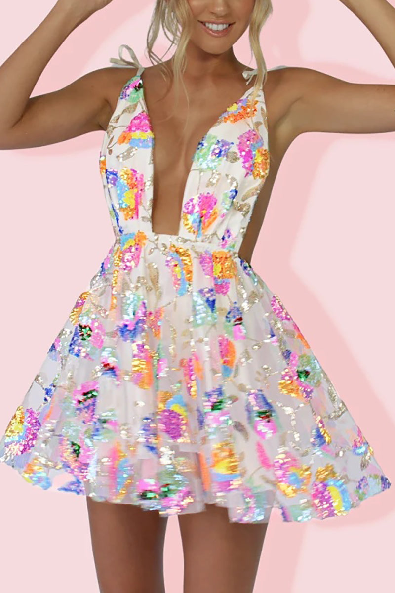 Aiertu  Rainbow Sequin Open Back Slip Mini Dress Aiertu