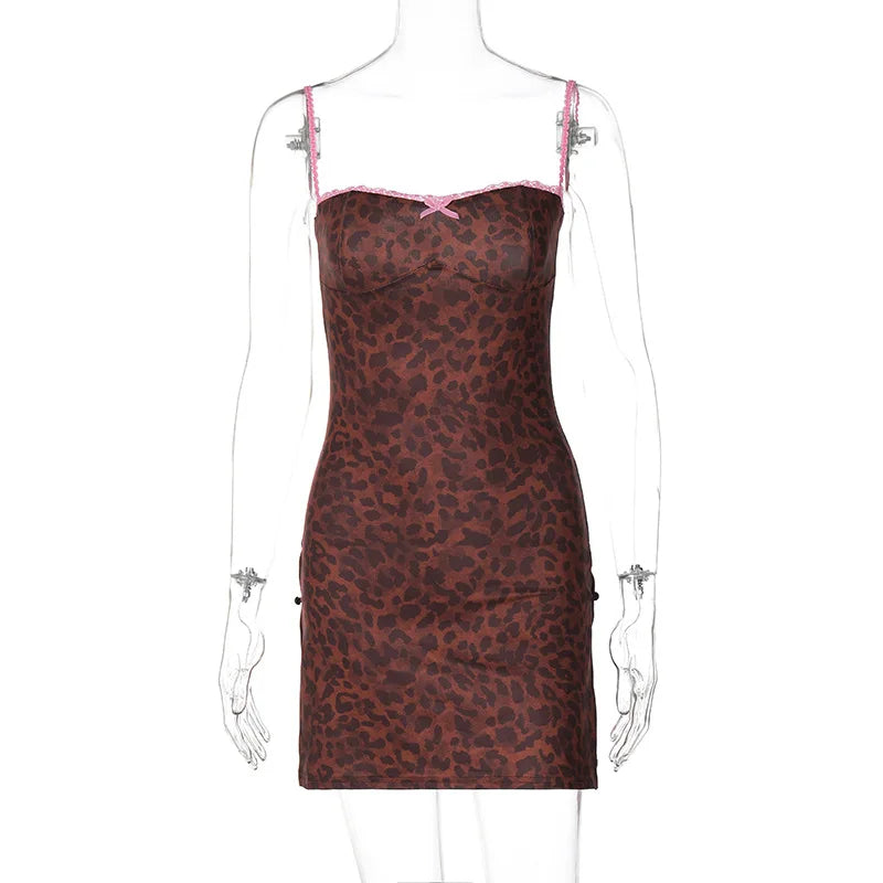 Aiertu Leopard Print Sleeveless Slit Mini Short Dresses Sexy Party Vacation Beach Fashion Summer Y2K Streetwear Casual Clothes Aiertu