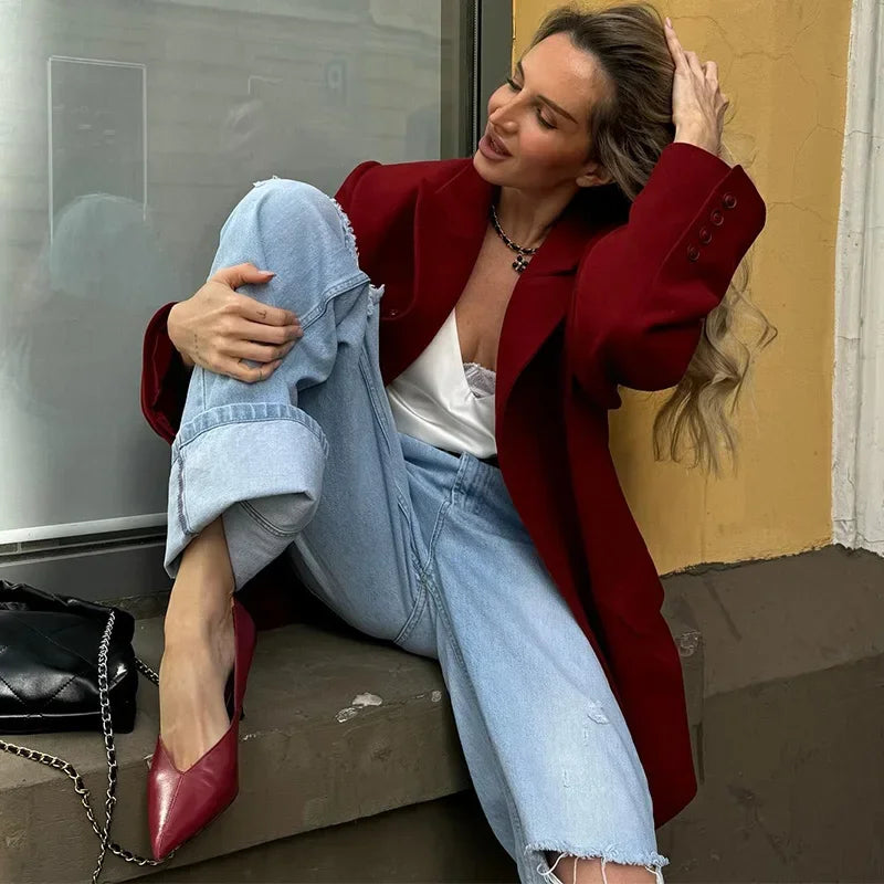 Aiertu  -  Loose Solid Blazer Coats Women Casual Lapel Long Sleeve Single Button Pockets Jacket 2026 Autumn New Office Lady Tops Streetwear Aiertu