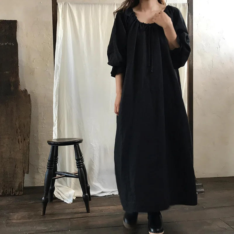 Aiertu  -  2026 New Spring 100% Cotton Dress for Women Solid Long Sleeve Drawstring Office Lady Elegant Maxi Dress Aiertu
