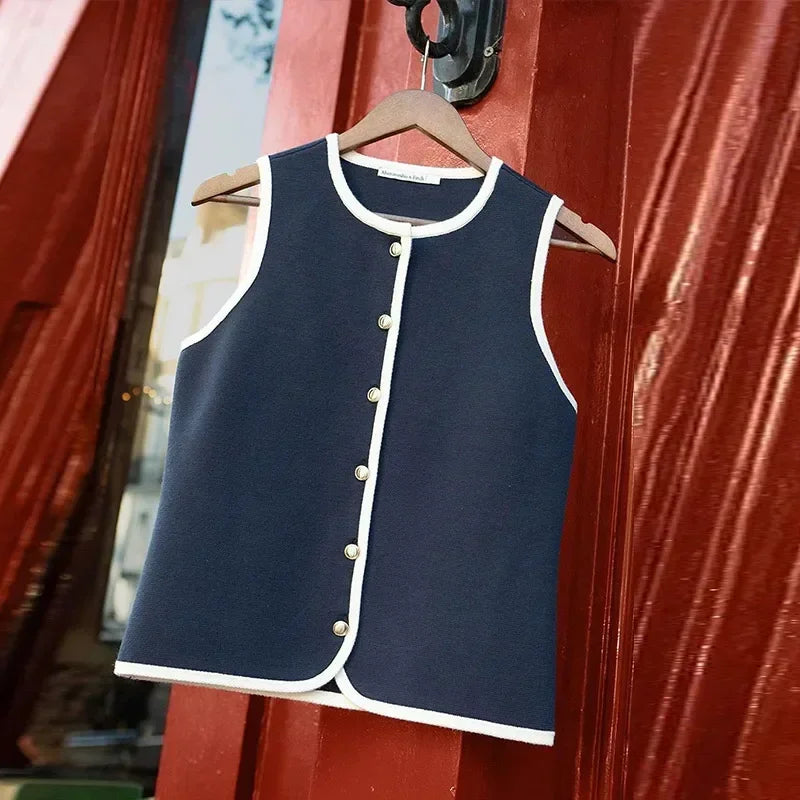 Aiertu  -  Elegant Knit Contrast Vest Women Solid Single Breasted O-neck Sleeveless Female Waistcoat 2026 Autumn Lady All-match Vests Aiertu