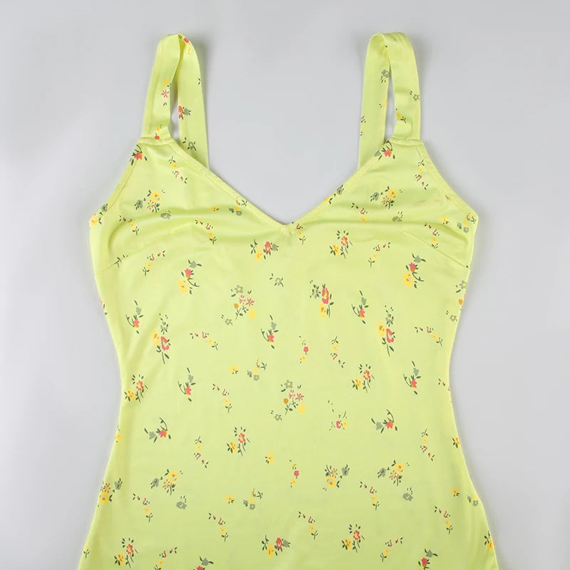 Aiertu  Yellow Floral Print Summer Vacation Beach Dresses For Women Sleeveless V Neck Elegant Sexy Boho Mermaid Dress Aiertu