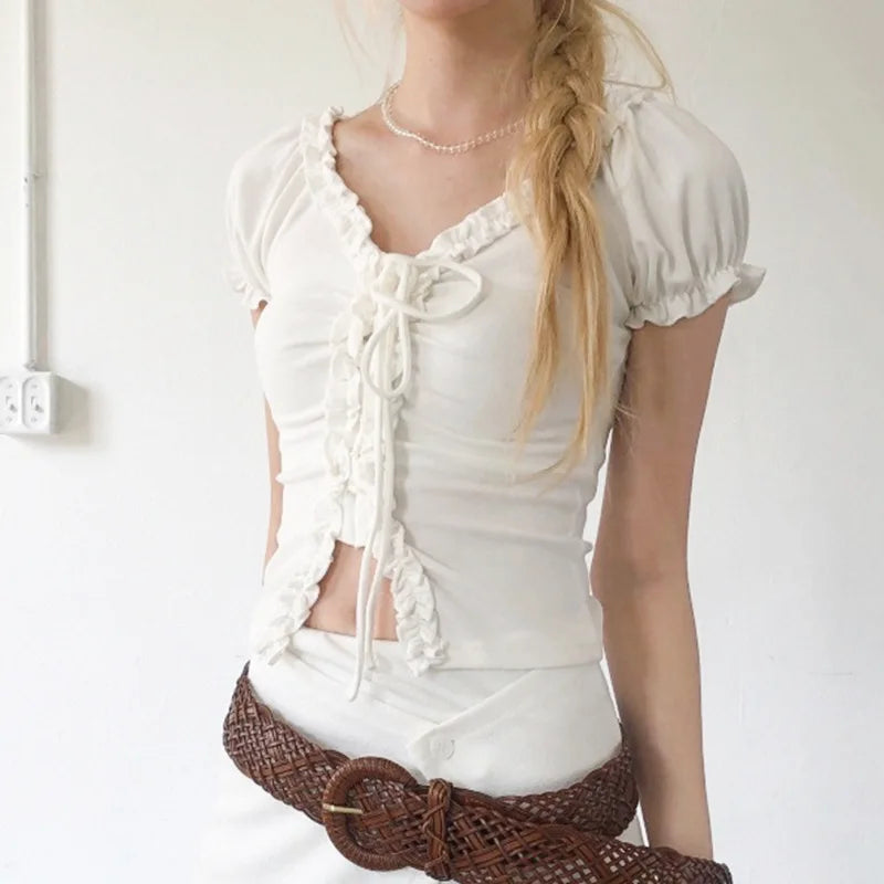 Aiertu  Women Y2k Aesthetic Ruffled Bandage T-shirt Summer Harajuku Fairy Vintage Slim Fit Tees Grunge Cropped Pleated Tops Streetwear Aiertu