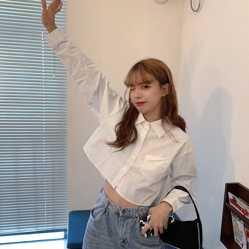 Aiertu Fashion Korean Pocket Cropped Blouse Women Casual Preppy Style Long Sleeve Short Shirt Fall Solid White All-match Y2k Tops Aiertu