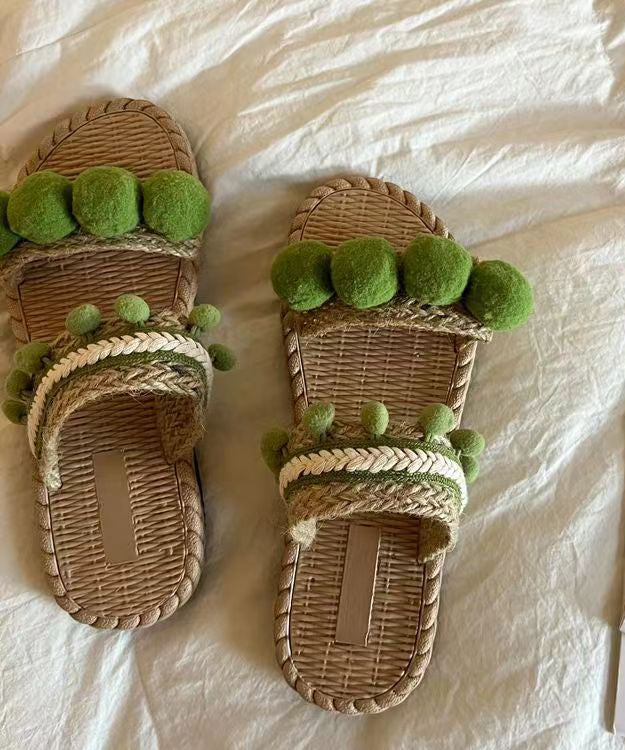 Aiertu  Green Fuzzy Ball Decorated  Splicing Slide Sandals Peep Toe Aiertu