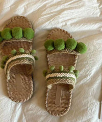 Aiertu  Green Fuzzy Ball Decorated  Splicing Slide Sandals Peep Toe Aiertu